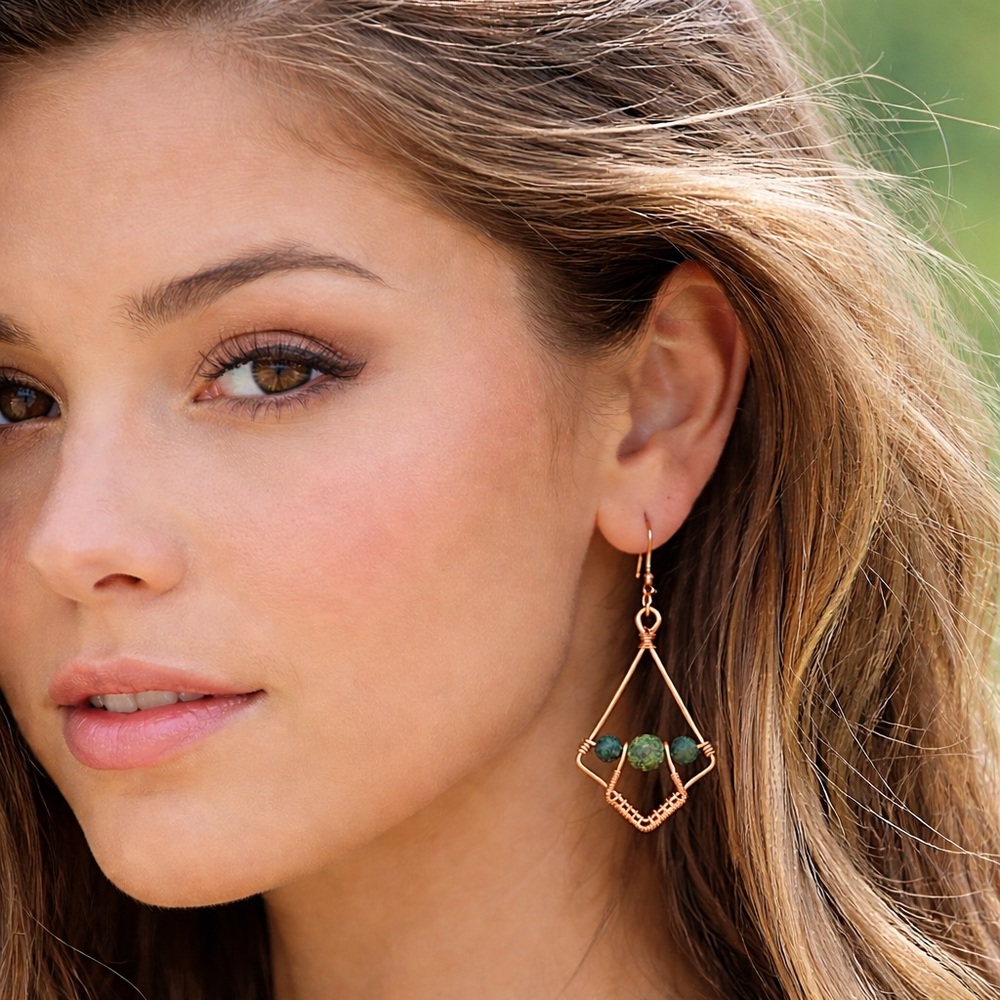 Copper and Green Stone Earrings